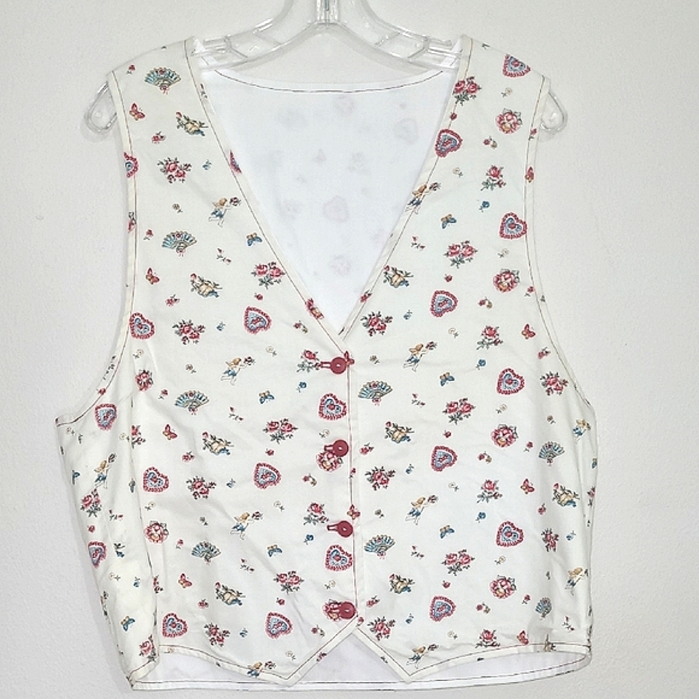 Milkmaid Vest Vintage Cream Floral Print Red Buttons Victorian Fairycore